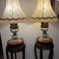 Vintage Porcelain Urn Table Lamps – Matching Pair w/ Fringe Shades 