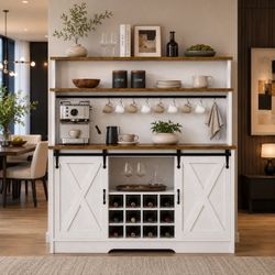 New BestHaped 55'' Farmhouse Coffee Bar Cabinet with 3 Tier Storage Hutch, Coffee Bar Station with Sliding Barn Door, Hutch Storage Cabinet with 12 Wi