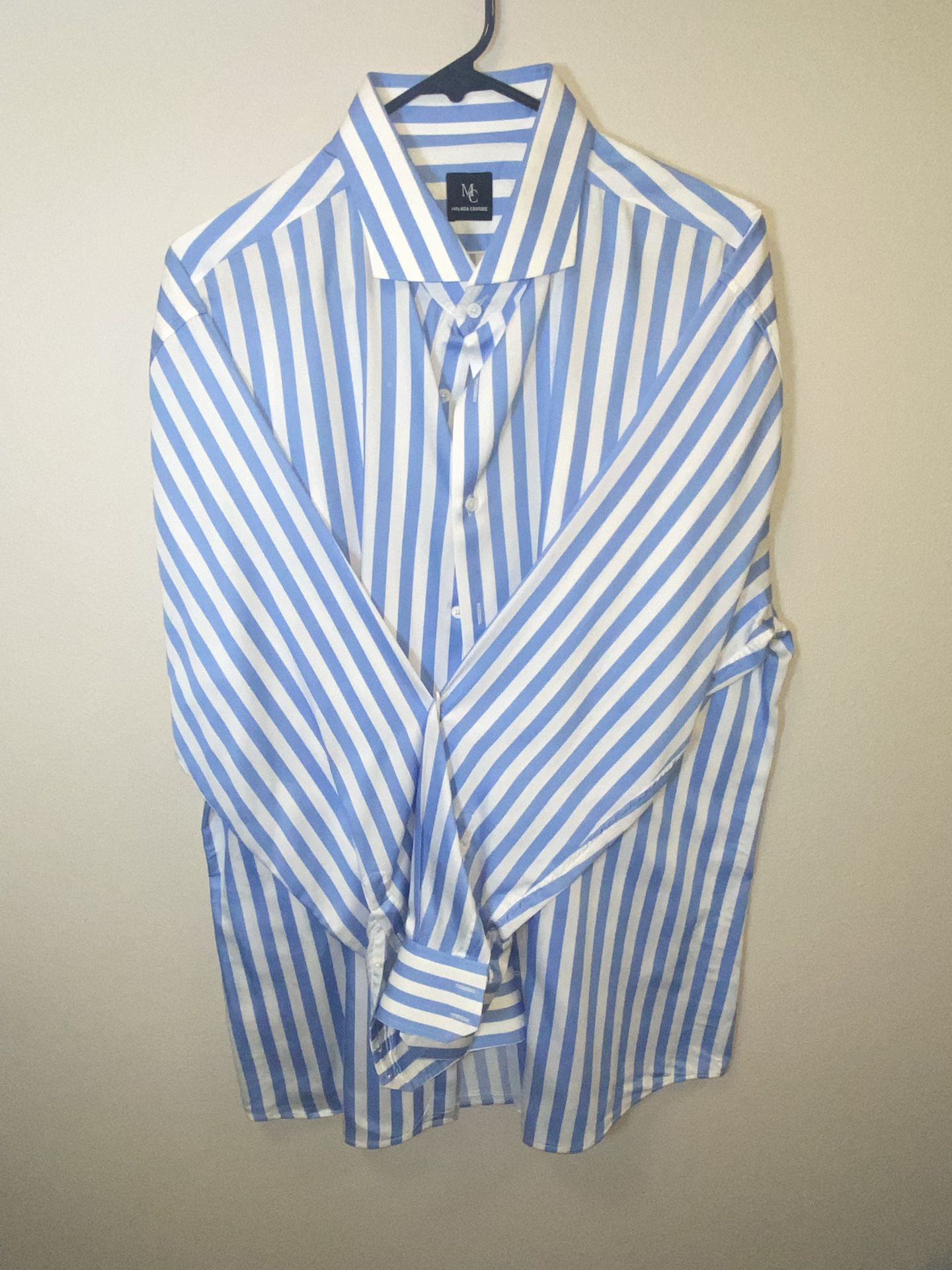 Standout men’s dress shirt featuring bold sky-blue 