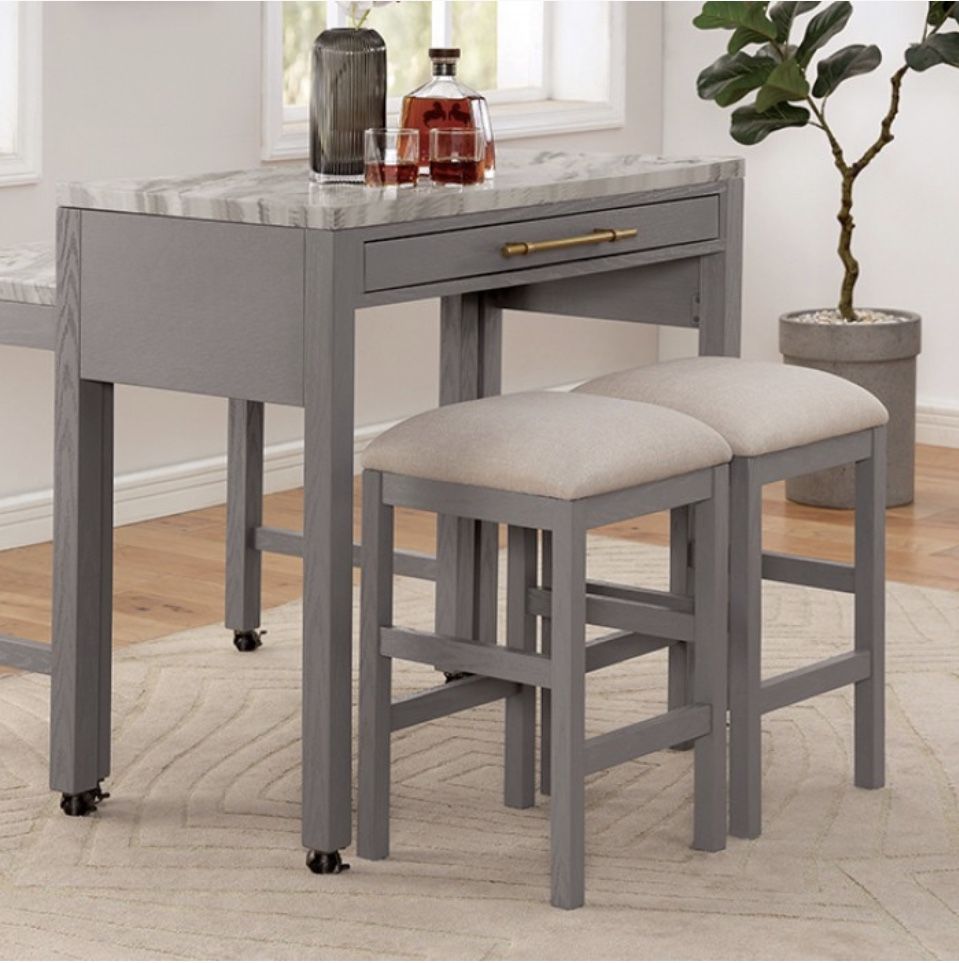 Brand New In Box On Sale Firm Price $330 Grey And Faux Marble With 2 Stools And A Storage Drawer With Gold Handle 