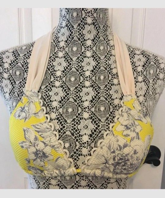 Juicy Couture Tea Rose TRIANGLE HALTER Bikini SwimSUIT Top Yellow Floral P/TP