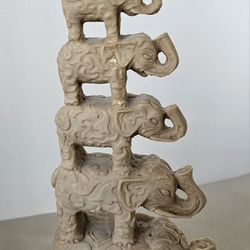 Vintage 7 Elephant Tower Figurine Beige Resin Seven Trunks Up Decorated 15" T