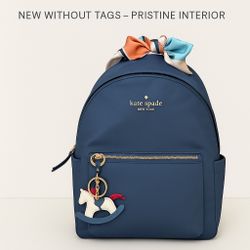 🎒 Kate Spade Chelsea Medium Backpack – Blazer Blue ✨ Styled & Ready to Gift – Rocking Horse Charm + Designer Scarf Wrap Included!