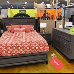Gray Panel Bedroom Set/ Bed,dresser, Mirror, Night Stand// Mattress Sold Separately 