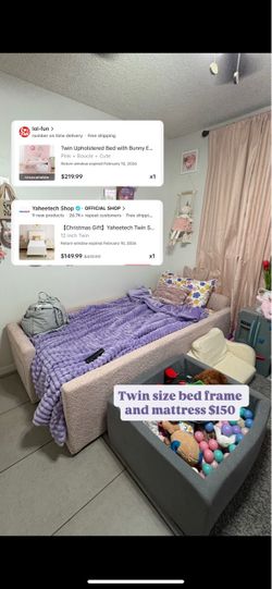 Kids twin size pink bed frame and mattress