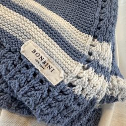BONBINI New York Knit Baby Blanket Blue & White Stripes Crochet Edge