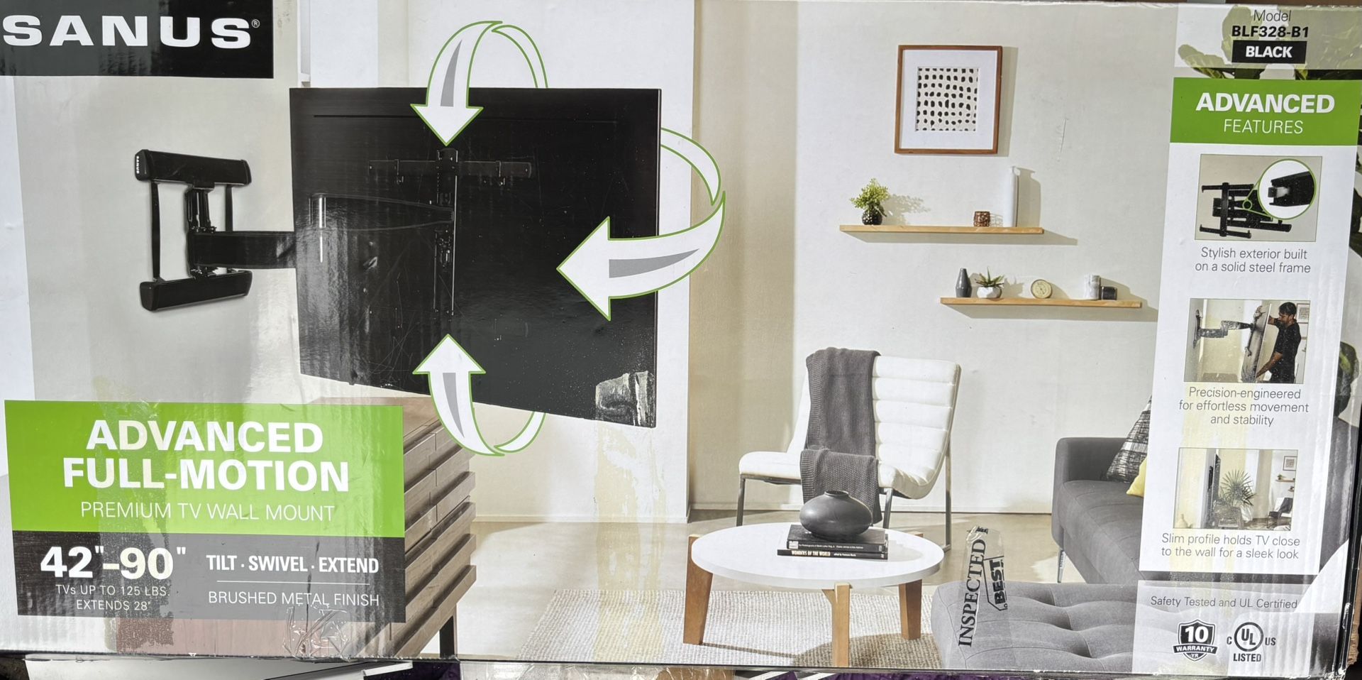 New TV Wall Mount -SANUS Elite Advanced Full-Motion TV Wall Mount for Most 42"-90" TVs up to 125 lbs - Tilts, Swivels, and Extends up to 28" From Wall