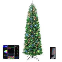 Brightown Smart Pencil Christmas Tree - 9ft APP Controlled RGB Prelit Christmas Tree Lighted Skinny Slim Trees- with 550LED Lights 1437 Branch Tips Cu