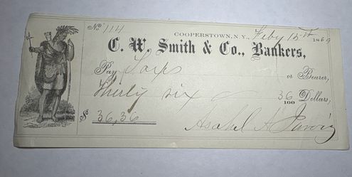 1869 Antique Handwritten Bank Check Cooperstown NY C.H. Smith & Co.