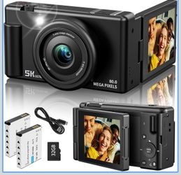 5K Digital Camera for Photography, Autofocus 80MP with 18X Digital Zoom, 3" 270° Flip Screen Selfie Camera for YouTube Vlogging & Content Creation, 2 