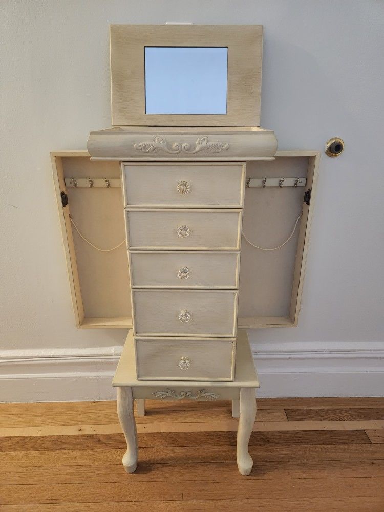 Beautiful Jewelry Armoire 5 Drawer Vanity with Flip-Top Mirror and Fluted Legs