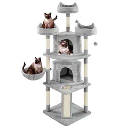 Multilevel Large Cat Tower with Condos Platforms, Light Gray, 69" H