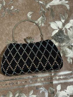 Black Beaded Evening Clutch with Rhinestones