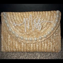 Bride “Mrs” Straw Clutch with Pearl Accents