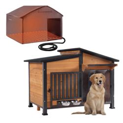 Aivituvin-AIR7021-IN-HP 39.7"L/55.9"L Heated Insulated Metal Frame Wooden Dog House - Large - Brown