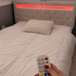 Full Lift Up Storage Bed Frame with LED Lights & Charging Station, Velvet Upholstered.