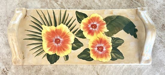 🌺 HIBISCUS CERAMIC TRAY WITH HANDLES - BRAND NEW 🌺