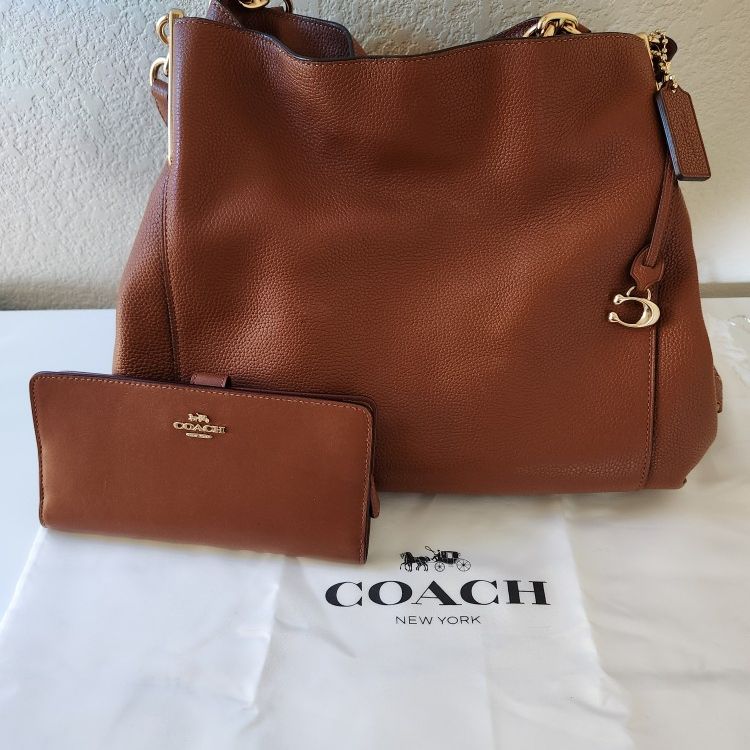 Coach Purse, Pebble Leather Dalton 3/Saddle/Gold Shoulder Bag