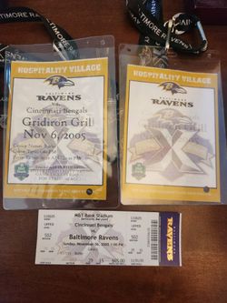 BENGALS/ RAVENS 11/06/05 TICKET STUB+ Gridiron Grill Passes(2) Includes Lanyards