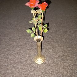 Vintage Brass Vase With Beautiful Metal Rose's 