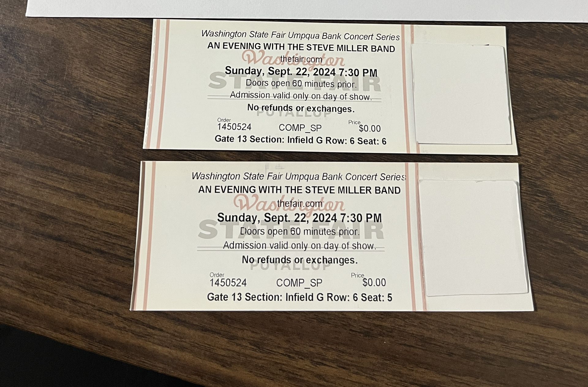 2 Steve Miller Band Concert Tickets