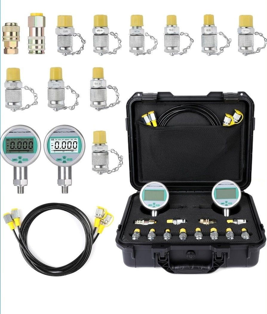 80M Digital Hydraulic Pressure Test Kit, Max 11603PSI/80Mpa 2 Digital Pressure Gauges, 10 Test Couplings, 2 Quick Connectors, 2 Long Test Hoses(6.7ft)