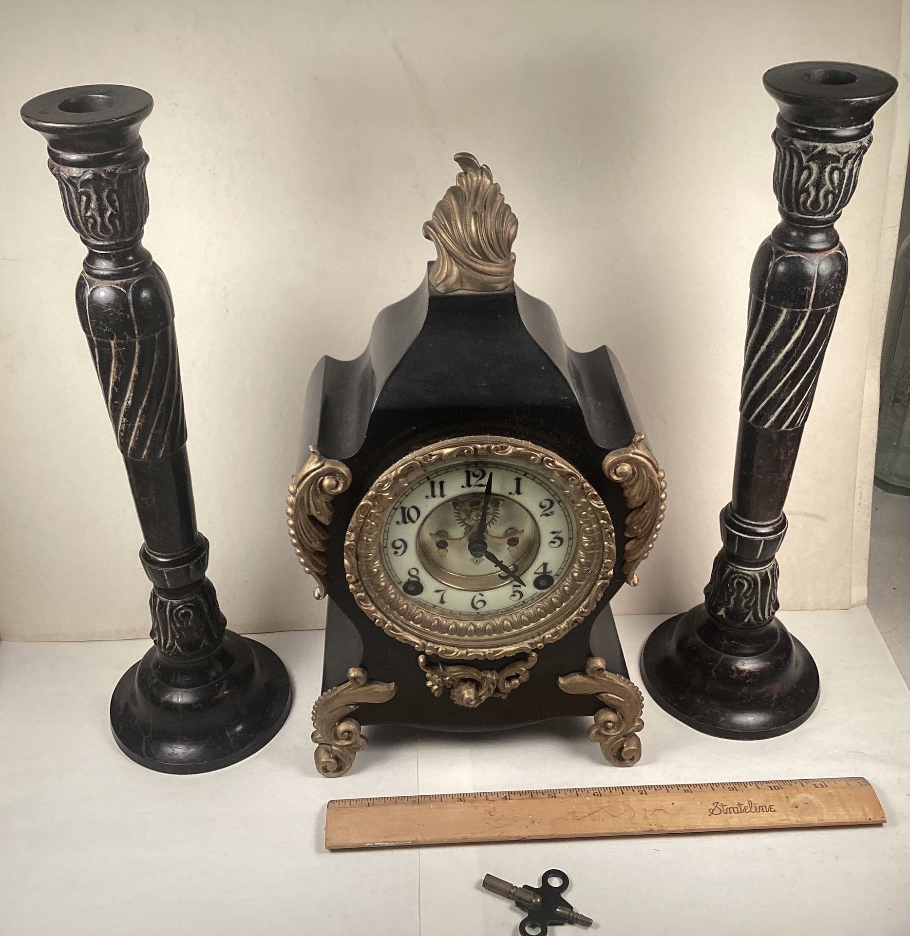 Clean-Used Antique Ansonia Metal-Body Mantle-Clock With (2) Metal Candle-Sticks, $145.00 Cash Or Zelle