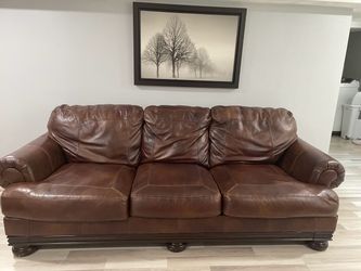 Brown Leather 3-Seat Sofa with Wood Base