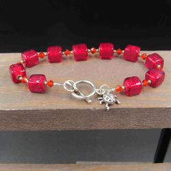 7" Sterling Silver Red Glass And Lady Bug Charm Bracelet Vintage

