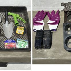 bundle of garden tools, supplies, seeds, trays + small planter pots