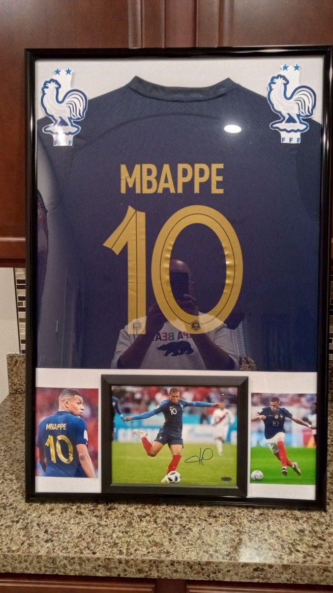 KYLIAN MBAPPE #1 FRANCE SOCCER TEAM CUSTOM BRANDED FRAMED JERSEY WITH SIGNED PICTURE AND COA.