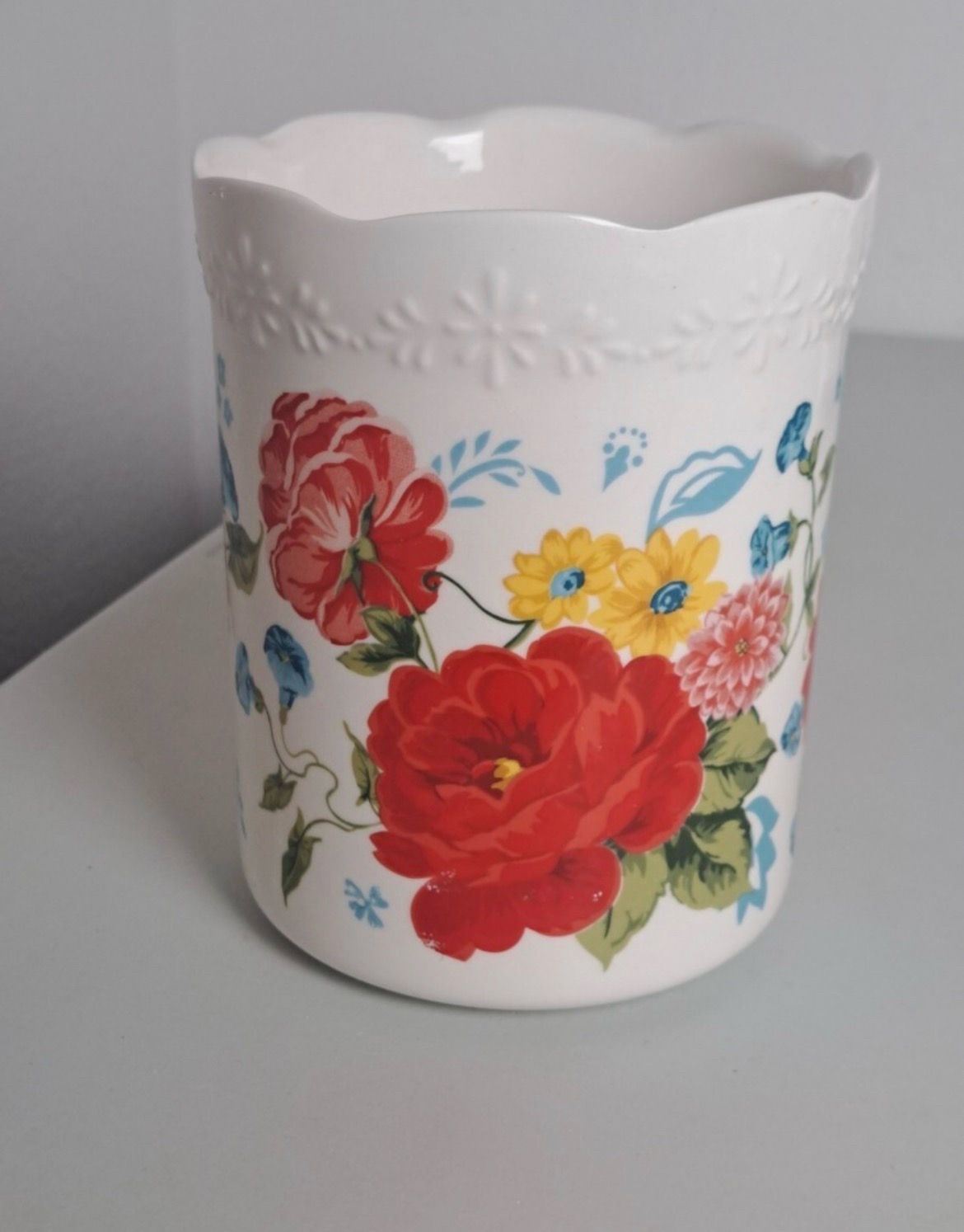 Pioneer Woman Kitchen Utensil Holder/vase Floral Roses Red Pink Blue Teal Yellow