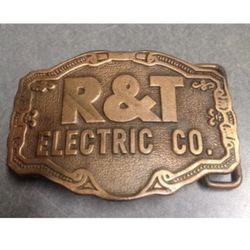 Vintage R&T Electric Brass Advertising Belt Buckle Made In Usa