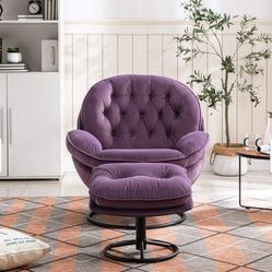 Velvet Fabric Upholstered Armless Swivel Accent Chair with Ottoman Purple, open box F-2