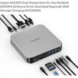 Kensington AD220S3 Dual Display Dock for Any MacBook M1/M2/M3/M4 (Software Driver Download Required); 85W Passthrough Charging