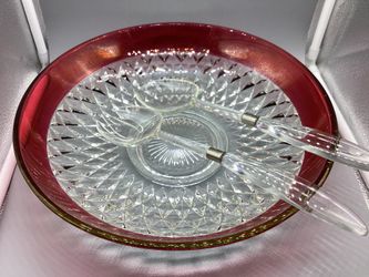  Vintage Indiana Glass 3 Pc Diamond Point Ruby Band - 13.25” Salad/Serving Red and Crystal Bowl  See pictures for condition.   This beautiful vintage 