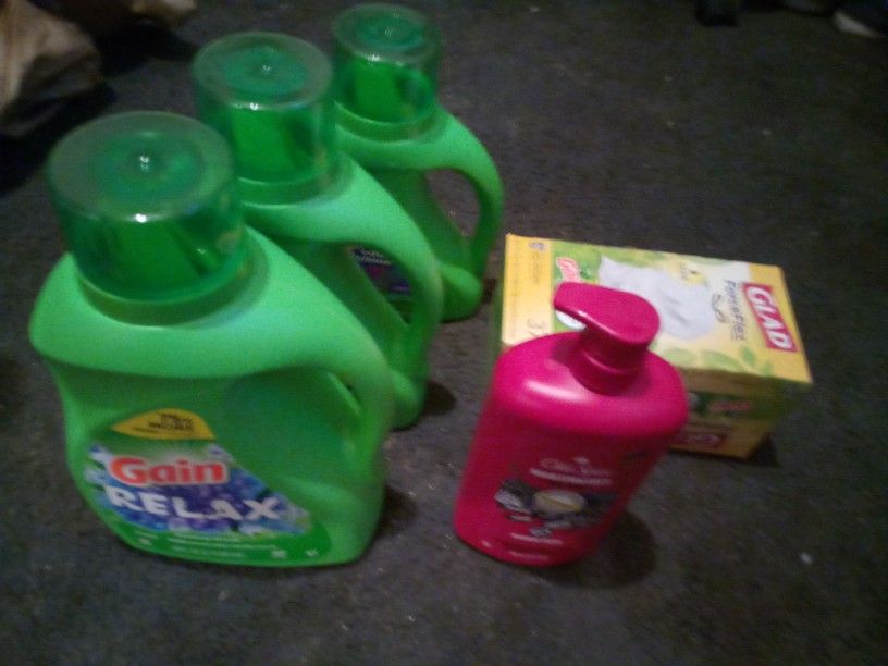 Gain Laundry Soap ,Old Spice Body Wash, Trash Bags
