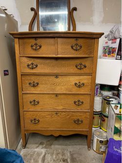 Vintage Solid Oak Wood Dresser with Mirror