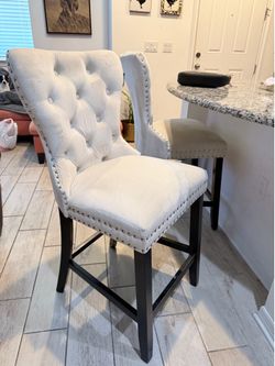 Set of 2 Tufted Upholstered Bar Stools with Nailhead Trim