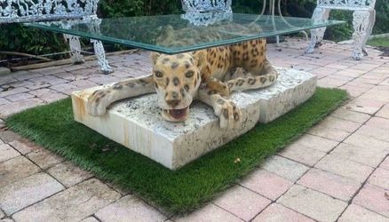 MidCentury Leopard Statue on Stone Coffee Table