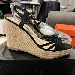 Colin Stuart Black Patent Strappy Cork Heel Platform Wedge Sandal 10B