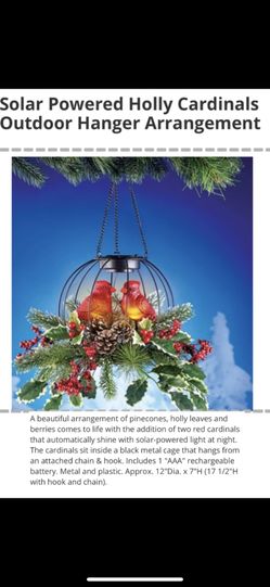 Solar Powered Holly Cardinals Outdoor Hanger Arrangement