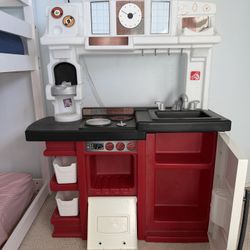 Play Kitchen With Bucket Of Grocery’s And Pots And Pans