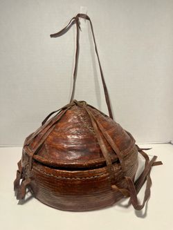 Antique Ethiopian Agelgil Woven Rattan & Leather Covered Basket 10" diameter