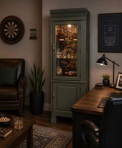 Tall Sage Green Bar Cabinet / Liquor Display Cabinet