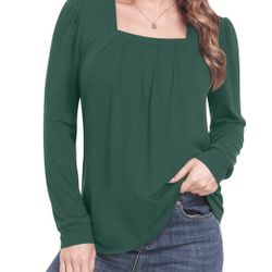ALIGADUO Square Neck Olive Green Pleated Top
