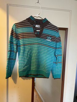 Boys/Kids Striped Half-Zip/Button Sweater - Size 140 Brand: PEPCO Size: 140 (Kids) Color/Pattern: Teal/Blue & Brown Stripe with front chest