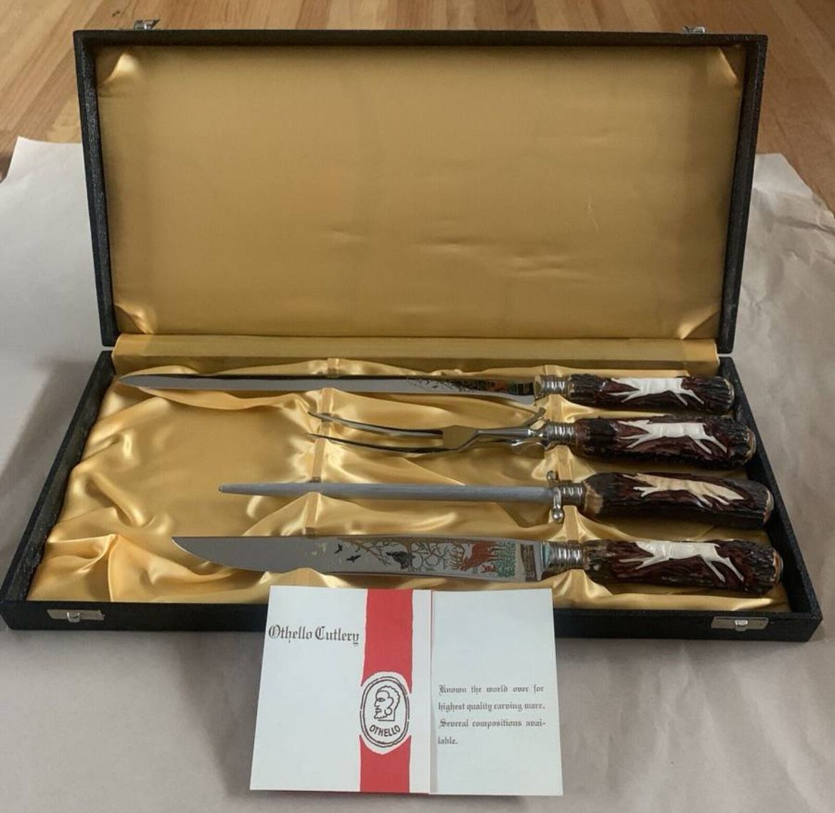 Vintage ANTON WINGEN Jr. Solingen GERMANY ROSTFREI Engraved Carving Knife Set New in Original Box. Never been used