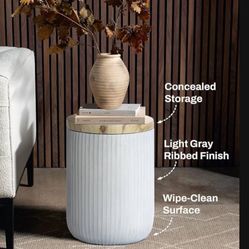 18"  Side Table with Storage, Cement  End Table with Wood Finish Lid, Accent Table