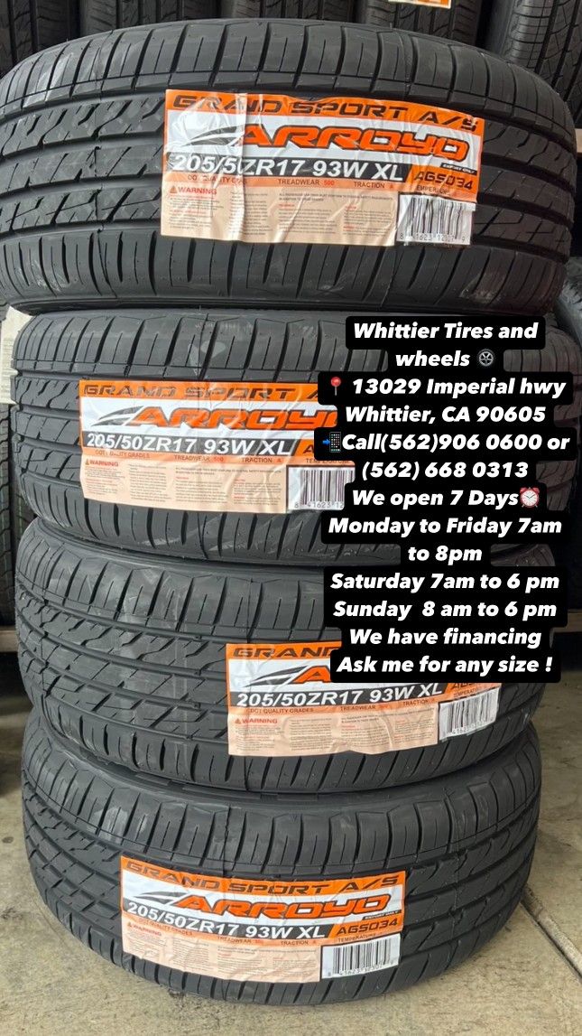 SET OF NEW TIRES, 205/50R17 ARROYO SET OF FOUR NEW TIRES, INCLUDING MOUNTING AND BALANCING. ASK ME FOR ANY SIZE OR BRAND, LLANTAS NUEVAS